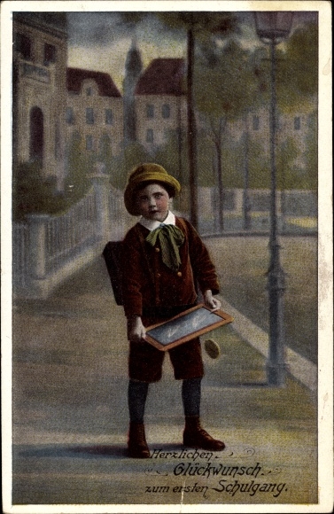 Postcard congratulations on starting school, child with slate
