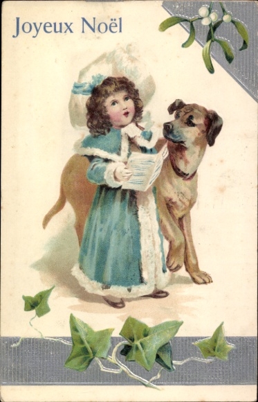 Geëmbosseerd Ak Gefeliciteerd Kerstmis, Zingend meisje, Hond, Maretak