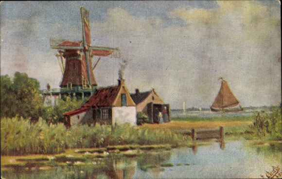 Artist Postcard Oudes, J., landscape motif, windmill, sailing boat