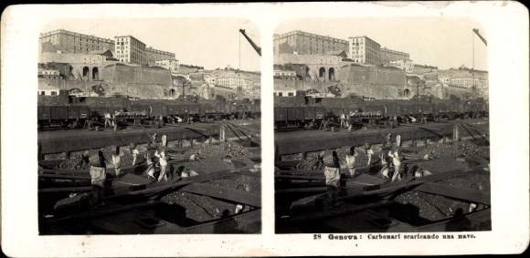 Stereofoto Genova Genua Ligurië, lossen van een vrachtschip, havengedeelte