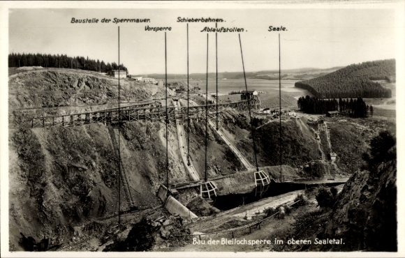 Postcard Saale Orla Kreis, construction of the Bleiloch Dam, slide railways