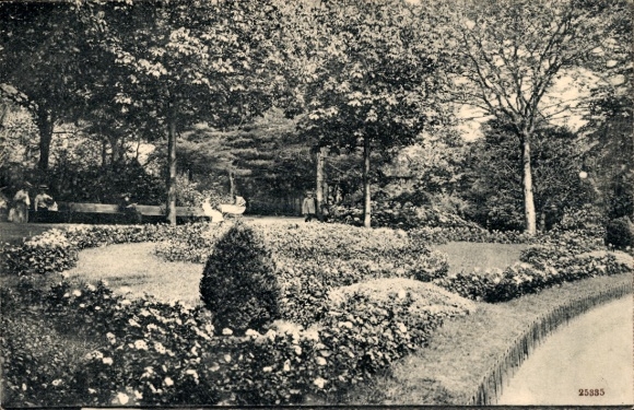 Postcard Stadtwald Essen in the Ruhr area, city garden, trees, flowerbeds, people,