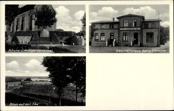 Postcard Hohen Viechel in Mecklenburg, church, war memorial, commercial building, partial view with lake