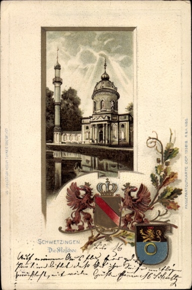 Embossed Coat of Arms Passepartout Chromo-Litho Schwetzingen in Baden, The Mosque