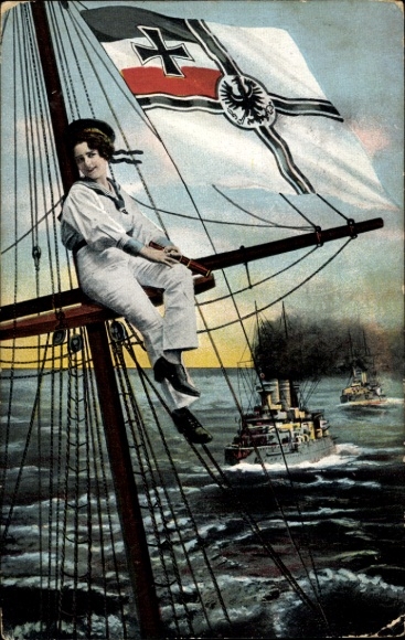 Ak Frau in Matrosenuniform, Kriegsflagge, Deutsche Kriegsschiffe, Kaiserliche Marine