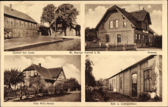 Postcard Varrel in Lower Saxony, Gasthof zur Linde, post office, ballroom and cinema, Villa Willy Hartje