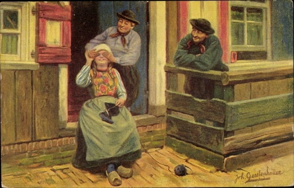 Artist PC Gerstenhauer, JG, girls knitting, surprise, Dutch costume