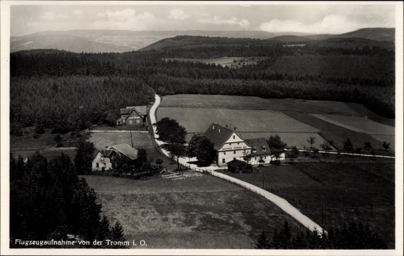 Postcard Tromm Grasellenbach Bergstraße, aerial photograph of the place, inn and pension, owner V. Keil