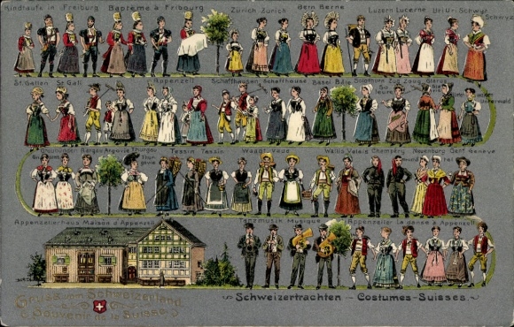 Präge Litho Schweizer Trachten, Appenzellerhaus, Freiburg, Zürcich, Luzern, Uri, St Gallen, Taufe
