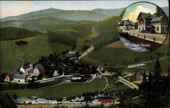 Postcard Blauenthal Eibenstock in the Erzgebirge, Hotel Forelle, Sosaer Straße, Auersberg, accommodation house