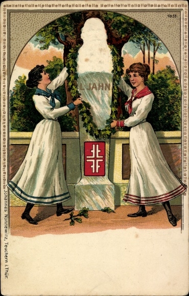 Embossed Chromo-Litho Women adorn Jahn&#39;s monument, Turnerkreuz