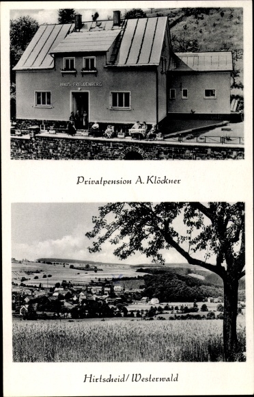 Ak Hirtscheid Alpenrod in het Westerwald, particulier pension A. Klöckner, uitzicht op de stad