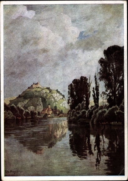 Artist PC Bayerlein, F., from Kallmünz, HDK 258, river, castle