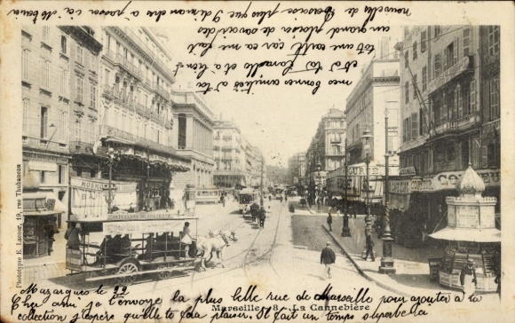 Postcard Marseille Bouches du Rhône, La Cannebière, horse-drawn tram, shops, kiosk
