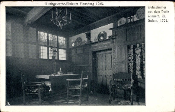 Postcard Flensburg, Museum of Decorative Arts, living room from the village of Winnert, district of Husum, 1702