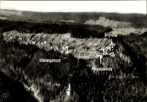 Postcard Unterlengenhardt Bad Liebenzell in the Black Forest, aerial view of Burghalde, Paracelsus House