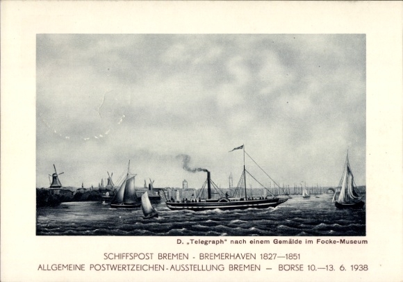 Postwaardestukkunstenaar Ak Schiffspost Bremen Bremerhaven 1827-1851, postzegeltentoonstelling 1938