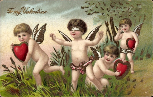 Postcard Congratulations Valentine's Day, Love Angel, Cupid, Hearts