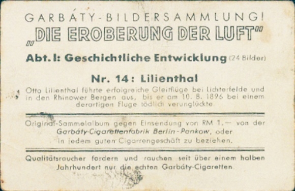 Collector's card The Conquest of the Air, Part I No. 14, Otto Lilienthal