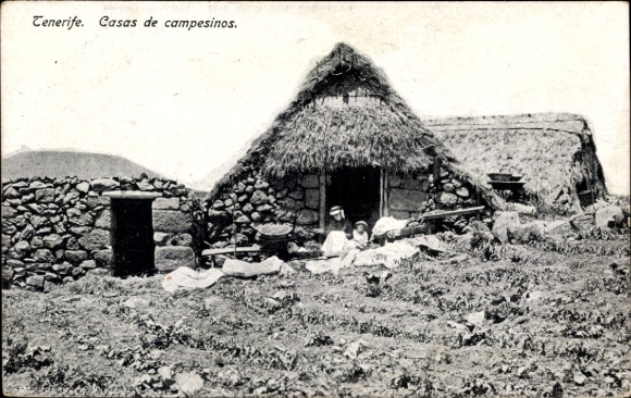 Postcard Tenerife Tenerife Canary Islands Spain, house with thatched roof, stone houses, people in ...