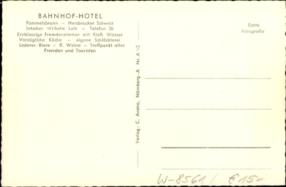 Postcard Pommelsbrunn in Middle Franconia, Bahnhof Hotel, owner Wilhelm Lutz, Restaurant