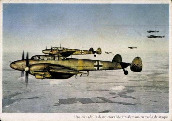 Postcard German Air Force, fighter aircraft Messerschmitt Me 110, destroyer in squadron