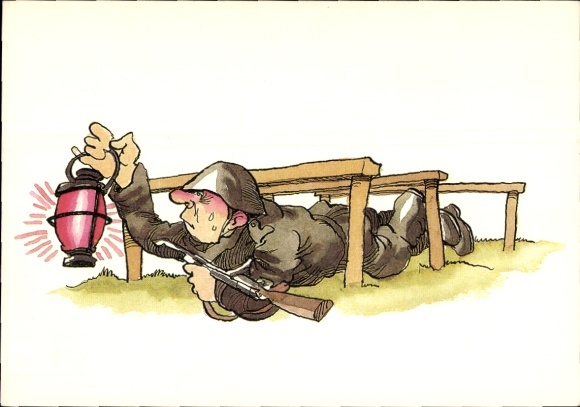 Artist Postcard Muzeniek, Peter, NVA soldier during field exercise, lantern, military trade organization