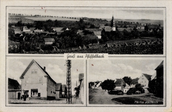 Ak Pfiffelbach in Thüringen, Gesamtansicht, Geschäftshaus R. Dietzmann, am Teich