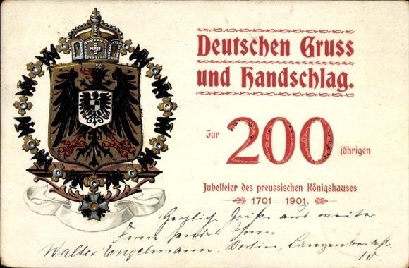 Coat of arms Chromo-Litho German greeting and handshake, 200 years of the Prussian Royal House 1901