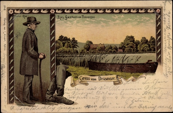 Postcard Lehmrade in Schleswig Holstein, Fischer Ries, Ries Inn am Grüsensee, boots