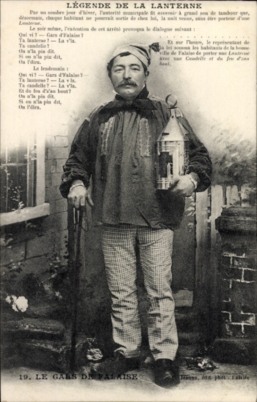 PC Falaise Calvados, man with lantern, text in French