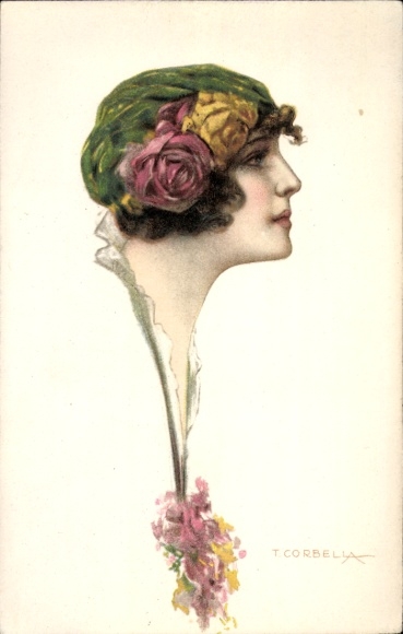 Artist Postcard Corbella, T., portrait of a woman with flowers in her hair