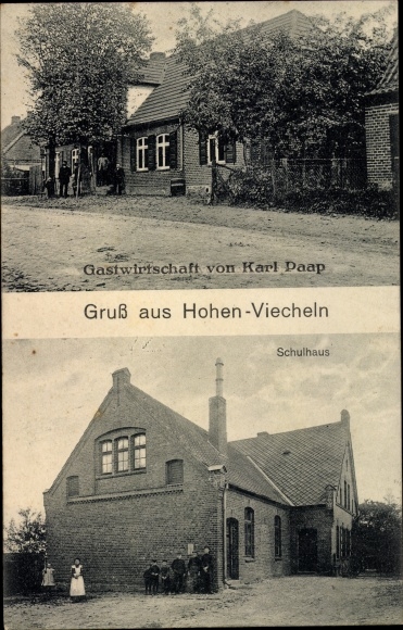 Postcard Hohen Viechel in Mecklenburg, inn, school building