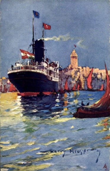 Artist Postcard Heusser, H., passenger steamer, Austrian Lloyd