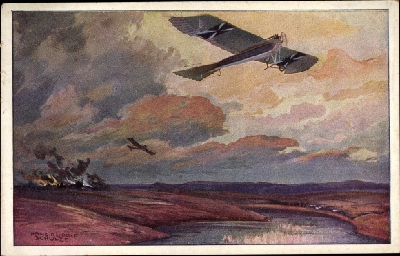 Artist PC Schulze, H., R., German planes are shooting at the enemy army, I. WW