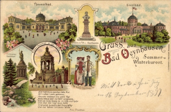 Litho Ak Bad Oeynhausen in Westfalen, Soolbad, Thermalbad, Hermannsdenkmal, Gedicht