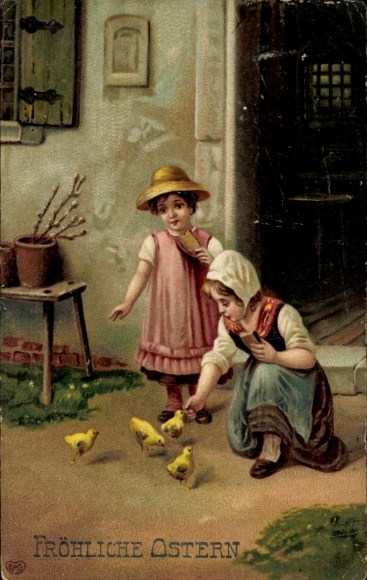 Litho Glückwunsch Ostern, zwei Mädchen, Küken