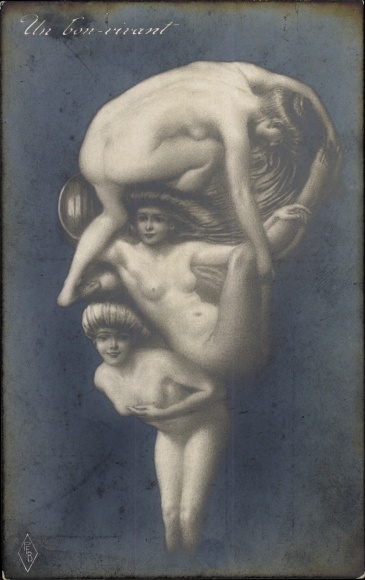 Artist Postcard Female body, male face with monocle, metamorphosis, PFB