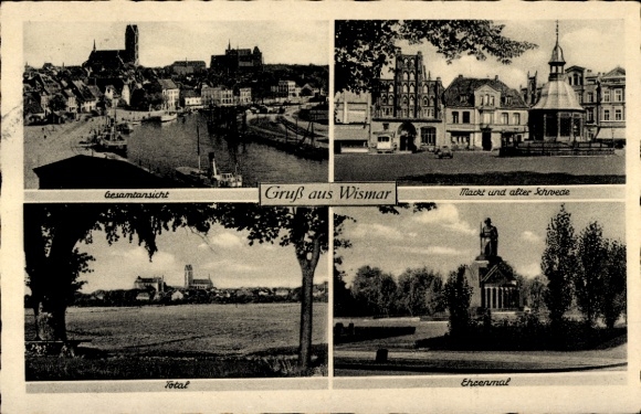 Postcard Hanseatic City of Wismar, general view, market and old Swede, memorial