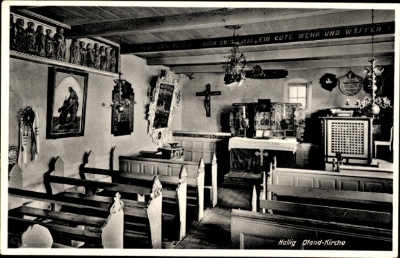 Ak Hallig Oland in Noord-Friesland, interieur van de kerk