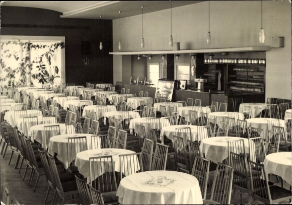 Postcard Schmiedefeld am Rennsteig Suhl Thuringia, Empty Hall, round tables, chairs, plants, Barbere