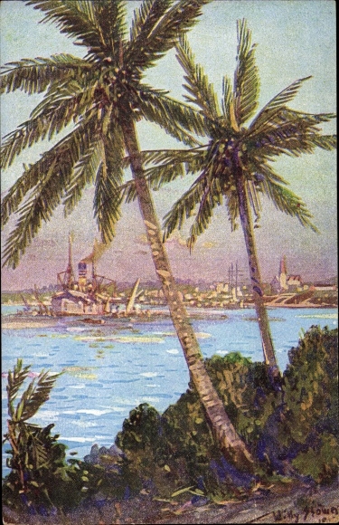 Künstler Ak Stöwer, Willy, Daressalam Tansania, Kriegsschiff, Palmen, Kolonialkriegerdank