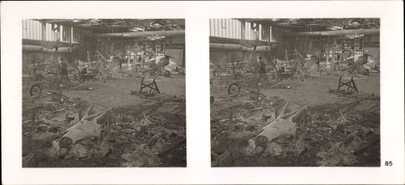 Stereo spatial image photo &quot;The Battle in the West&quot;, No. 85 French bomber destroyed by Stukas. airplane shed