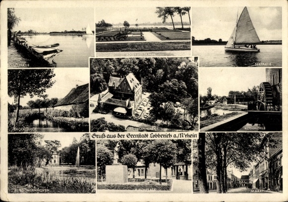 Postcard Lobberich Nettetal on the Lower Rhine, lake, sailing boat, church square, market, castle