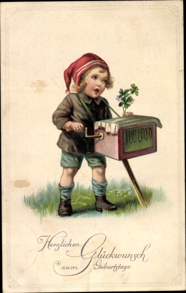 Chromo-Litho Happy birthday, boy with organ grinder