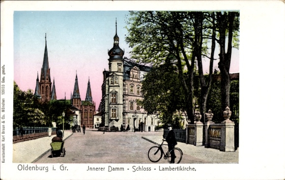 Postcard Oldenburg in Holstein, Castle, Lamberti Church, Innerer Damm, Architecture, Cyclists