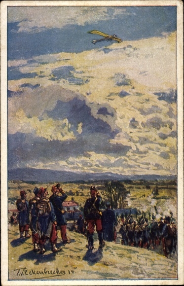 Kunstenaarsbriefkaart Eckenbrecher, T. von, schietend op een Duitse duif, luchtvlootclub