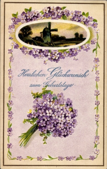 Postcard birthday greetings, windmill, forget-me-not
