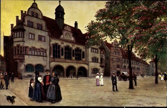 Künstler Ak Hoffmann, H., Freiburg im Breisgau, Altes und neues Rathaus, Trachten, Dackel