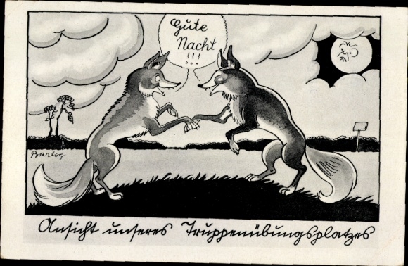 Kunstenaarskaart Barlog, Duitse Wehrmacht, vossen zeggen welterusten, soldatenhumor